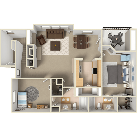A 3D floor plan of a 2 bedroom, 2 bathroom apartment at Pinnacle Pointe